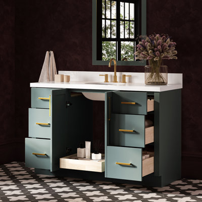 Meuble-lavabo ovale simple de 55 pouces avec comptoir en quartz blanc pur de 1,5 pouce d'épaisseur, fini vert vintage