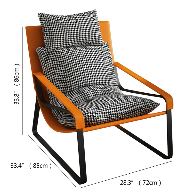 Chaise longue à coussin bas de 28,3 po Kopec, Coussin en duvet pied-de-poule, Cuir orange