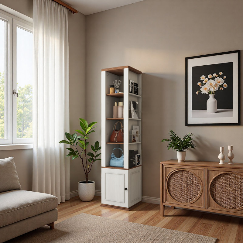 Armoire de rangement rotative à 360 ° avec miroir pleine longueur, 8 tablettes ouvertes des deux côtés, 1 crochet latéral, 1 porte avec tablette, pour le salon, le vestibule, la salle de bain