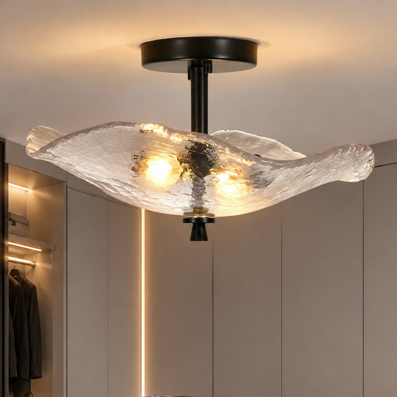 Plafonnier semi-encastré 2 lumières avec abat-jour en verre ondulé, Noir mat