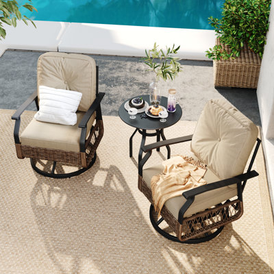 Denison 2-Person Outdoor Seating Group, Wicker Swivel Chairs with Cushions and Side Table by Wade Logan