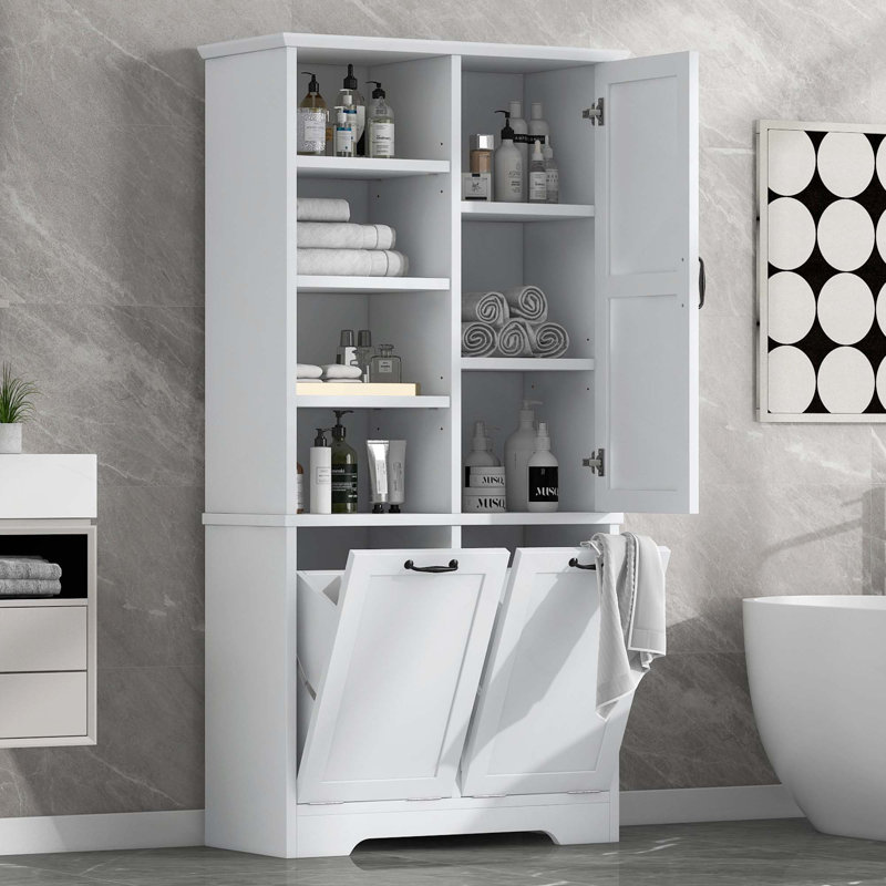 Armoire de rangement autoportante pour salle de bain avec tablettes réglables, tiroirs, panier à linge inclinable et tablettes ouvertes pour l'organisation