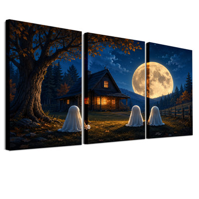Trois fantômes assis près d'un chalet éclairé, ensemble de 3 toiles d'Halloween