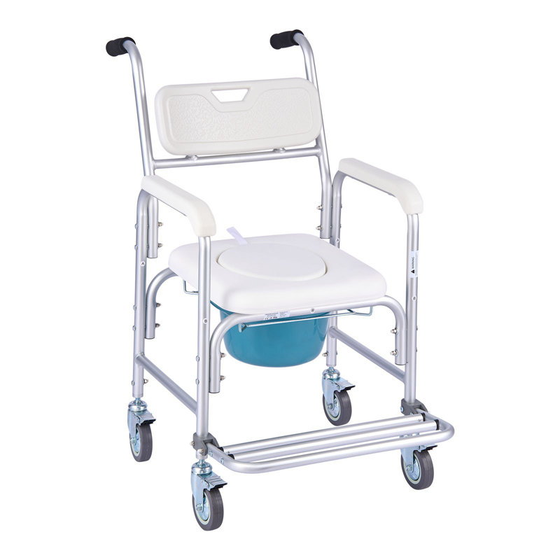 Bedside Commode Chair With Wheels, 350 Lbs Capacity, 4-In-1 Portable Toilet And Raised Toilet Seat With Padded Seat/Backrest/Flip-Up Footrest, Detachable 5L Bucket, Shower Wheelchair For Seniors