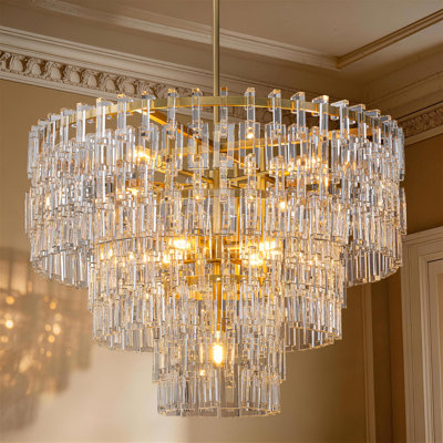 Luxury Round Crystal Chandelier, Modern Brass Pendant Light With Cascading Crystal Chains For Foyer, Dining Room & Living Room