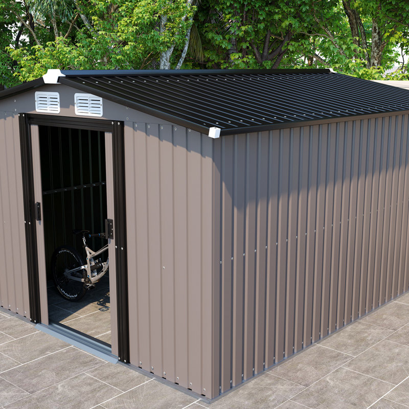 Remise de rangement extérieure en métal avec porte verrouillable et 4 évents, H 70,08 po x l 144 po x P 120 po, Brun