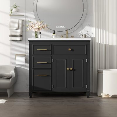 36" Bathroom Vanity With Sink, Ceramic Sink, One Tip-Out Drawer, 3 Side Drawers, Adjustable Shelf