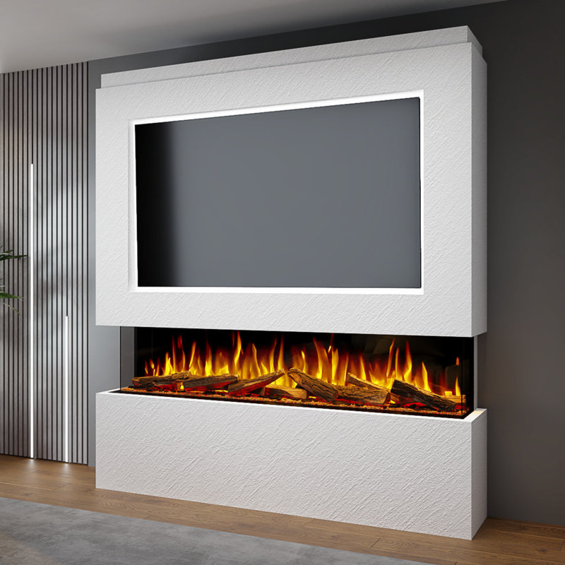 Evolution Fires Pre-Built Media Wall Package 12, finished in textured Venetian Plaster, includes Advance Series 1800 3-Sided Electric Fireplace