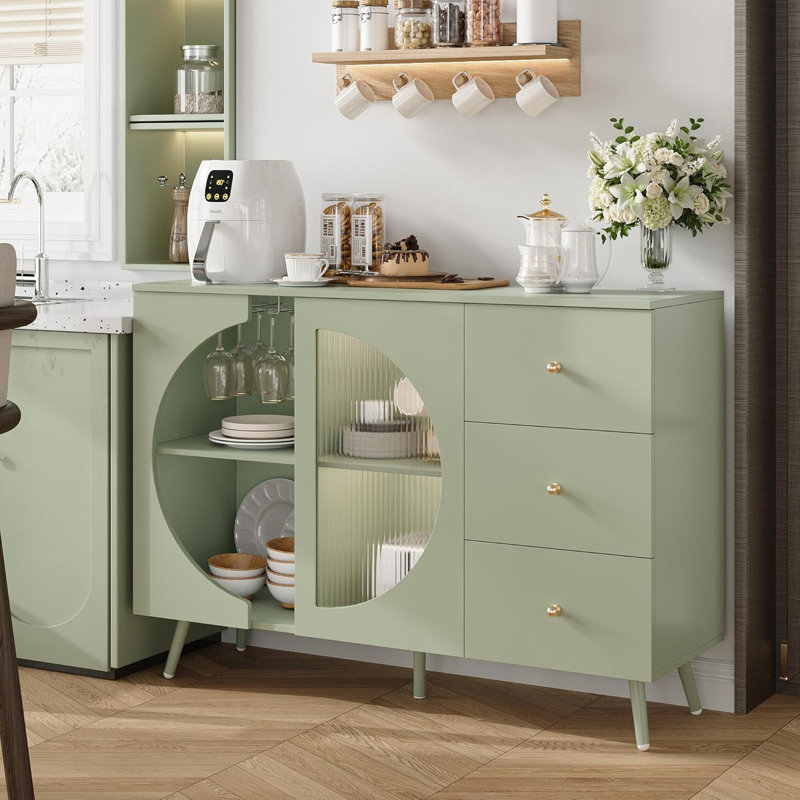 Coffee Bar Cabinet with Fluted Glass Door, Modern Cream Style Buffet Sideboard with Wine Glass Rack
