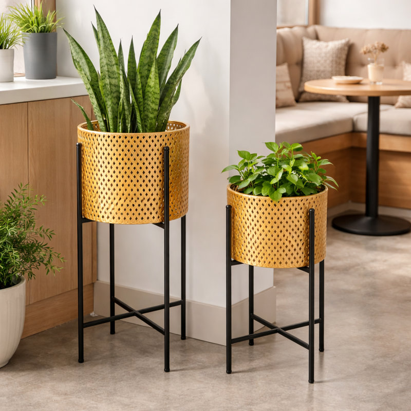 Paire de grands pots à fleurs en métal, pots à fleurs d'intérieur de 24 et 22 pouces de hauteur avec supports robustes, décoration de bureau à domicile