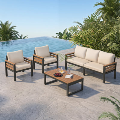 Ensemble de mobilier d'extérieur pour 5 personnes avec accoudoirs en bois d'acacia et coussins gris amovibles - Canapé complet, chaises et table basse