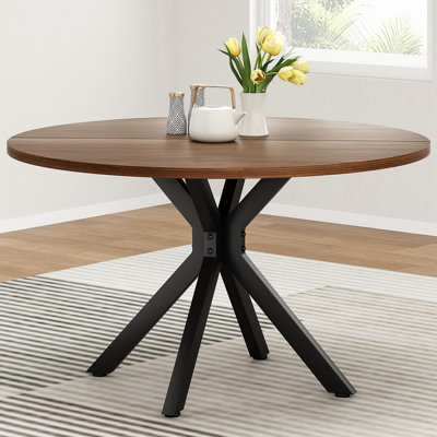 Table de salle à manger ronde en bois massif pour 4 à 6 personnes avec base piédestal entrecroisée