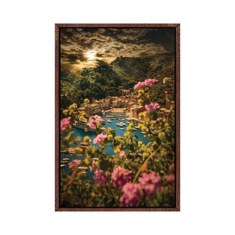 Portofino With Flowers by Enzo Romano - Print on Canvas, 101.6cm H x 66.04cm W x 3.81cm D, Classic Brown Wood Framed