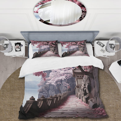 Japan Art Cherry Blossom Pink Path - Japan Art Duvet Cover Set - Microfiber Polyester