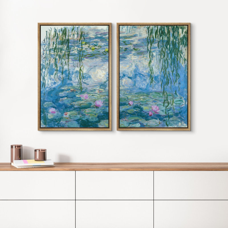 "Blue Water Lily Pond", ensemble de 2 reproductions d'art encadrées sur toile, 2 pièces, H 36 po x l 24 po, Naturel