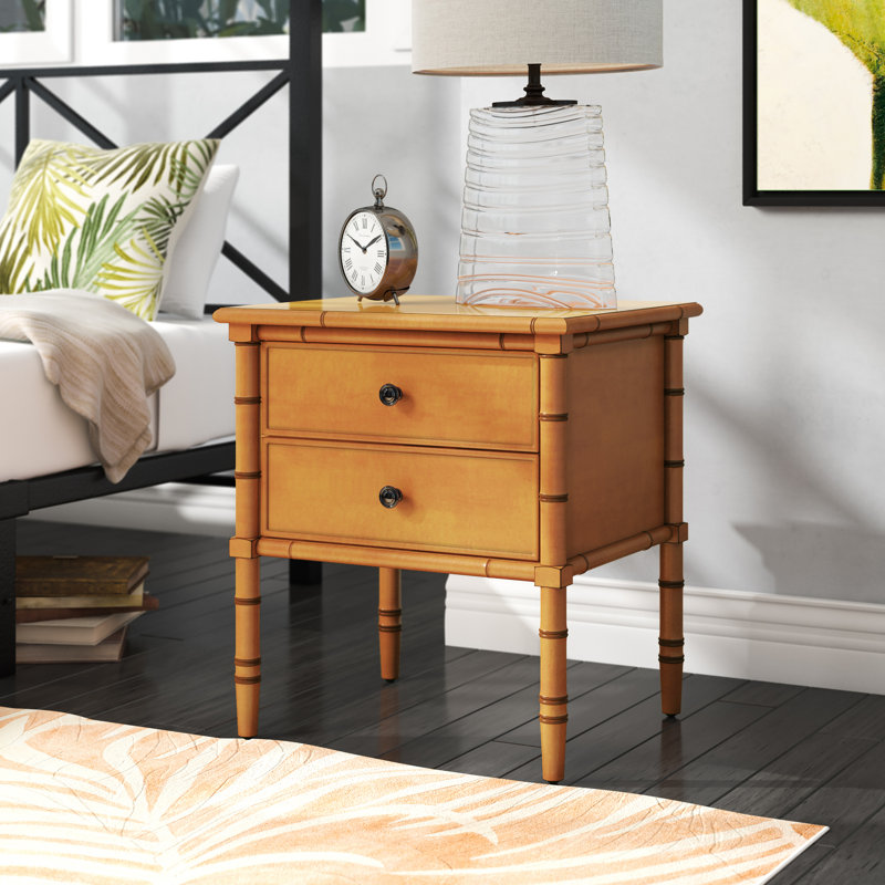 Élégante table de chevet l 23 po - commode en bois Glam Boho, détails en bambou et finition neutre, Brun