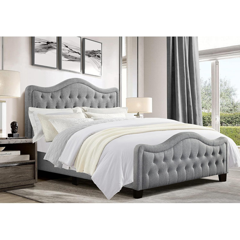 Tête de lit tapissier capitonnée à hauteur réglable avec pied de lit, Gris, Très grand lit