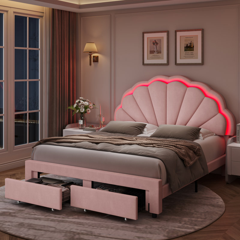 Burlyn Upholstered LED Bed Frame with Drawer & Adjustable Headboard