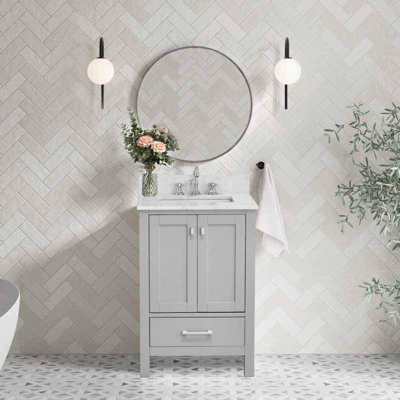 Meuble-lavabo moderne avec lavabo et rangement, Gris / Nickel brossé, 24'