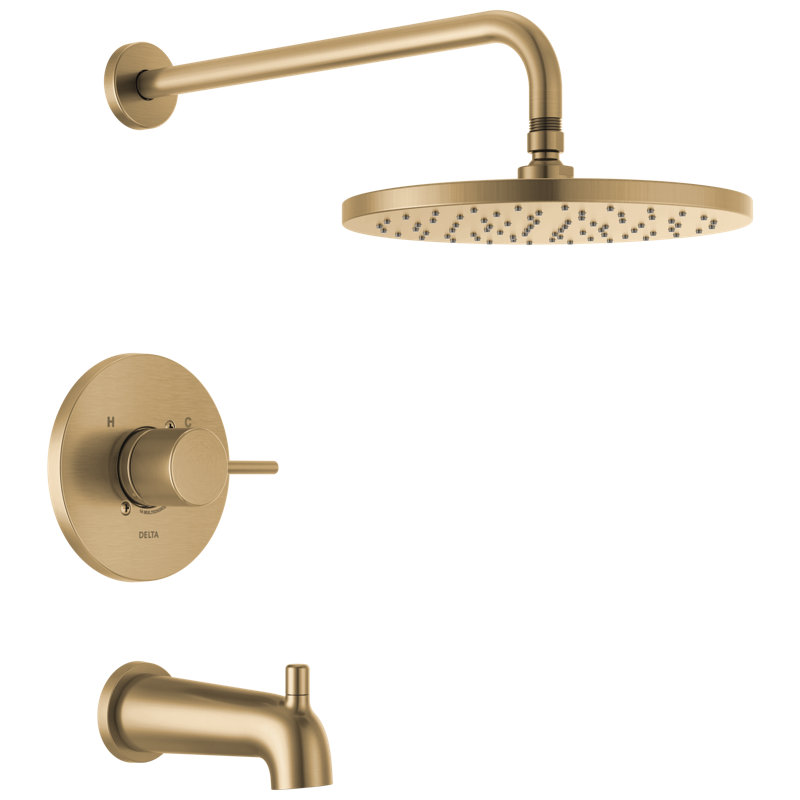 Modern 14 Series Round Rain Bathtub and Shower Faucet Set, Rainfall Brushed Gold Shower Head and Handle Set, Valve Trim Kit, 10 Inch, Champagne Bronze (Valve Not Included)