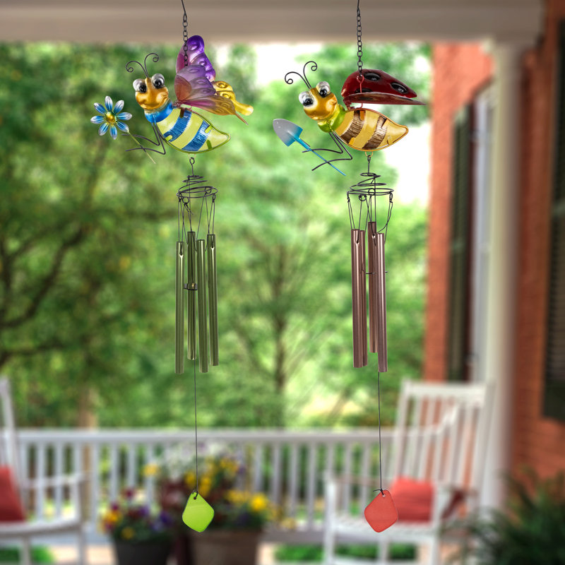 Pink And Green Bees Outdoor Garden Windchimes - 30" - Set Of 2