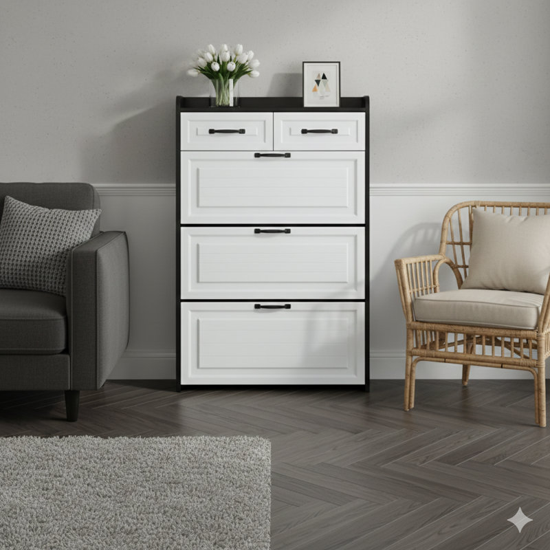 Armoire de rangement à chaussures à finition noire avec trois portes et deux tiroirs, portes en PVC à motif, offrant une grande capacité de rangement