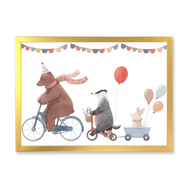 Animaux mignons à bicyclette, H 24 po x l 36 po x P 1 po, Cadre d'angle fermé doré