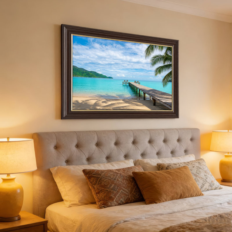 Art mural antique sur toile encadré doré pour le salon, la chambre à coucher, le bureau ou le vestibule - Décoration murale décorative avec plage tropicale