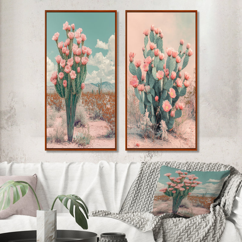 Pastel Cactus Bloom In The Desert III - Floral Wall Art 2 Panels, 40" H x 41" W, Brown Floater Framed