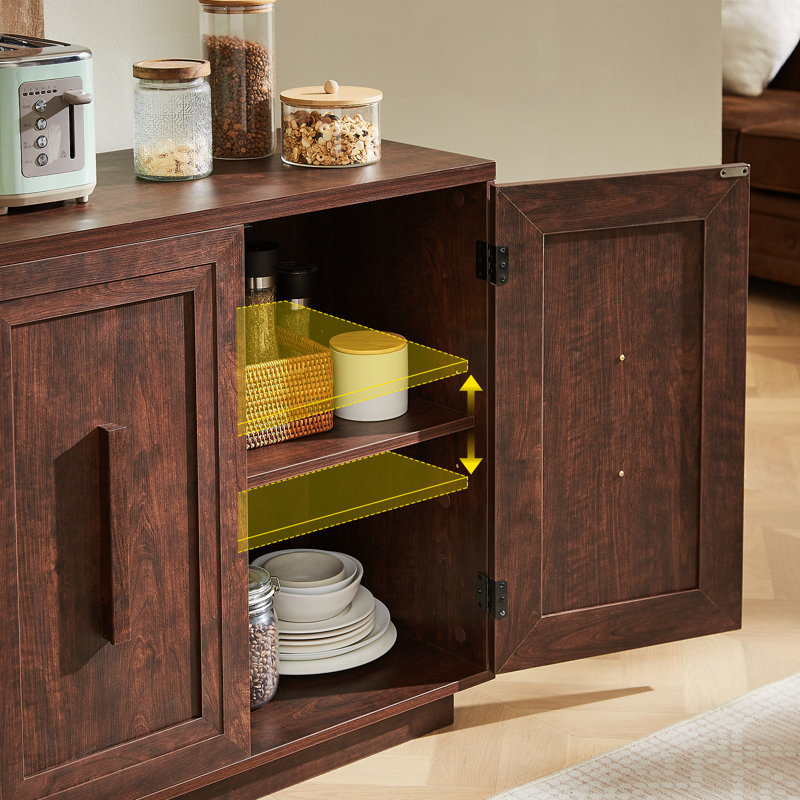 63" Sideboard Buffet With 4 Square Doors, Retro Storage Cabinets With Adjustable Shelves For Kitchen, Dinning Room, Walnut