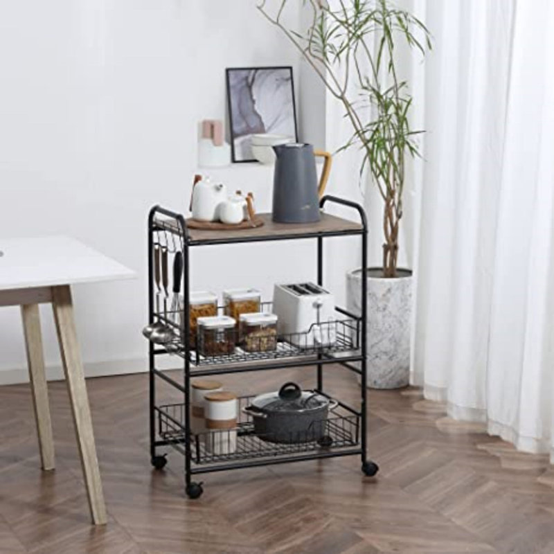 3-Tier Rolling Kitchen Cart, Utility Storage Trolley With 2 Basket Drawers, Side Hooks For Dining Room, Oak