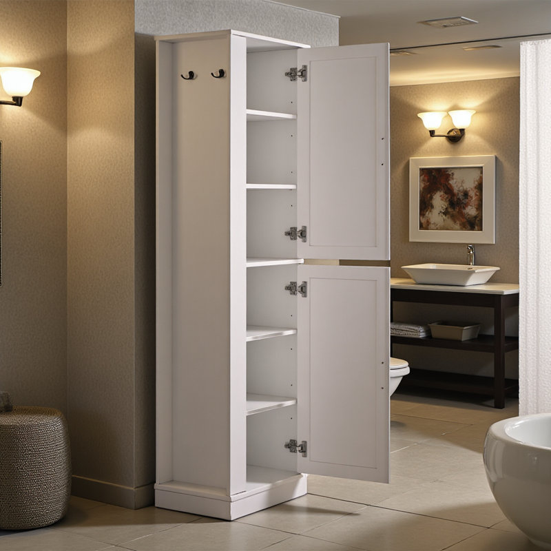 Grande armoire de rangement pour salle de bain, armoire de rangement autoportante avec crochet et tablette réglable, panneau de fibres à densité moyenne, blanc