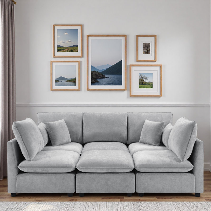 Canapé modulaire moderne avec repose-pieds mobile, accoudoirs de rangement et ports USB, Gris chenille