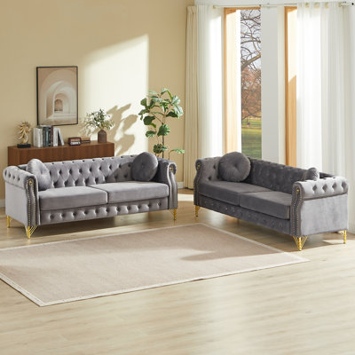 2 Piece Rolled Arm Chesterfield Sofa Set with Round Pillows