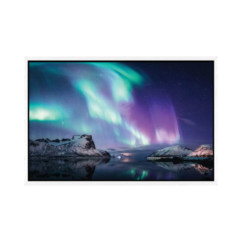 Northern Lights In Bergsbotn, Senja by Steffen Fossbakk - Print on Canvas, 66.04 cm H x 45.72 cm W, White Framed