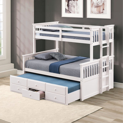 Lit simple superposé au dessus d'un lit double blanc avec style transitionnel, 3 tiroirs latéraux et sous le lit, composition en bois d'ingénierie massif, joint, lit gigogne pour la chambre à coucher, assemblage rapide avec caractéristiques extérieures,