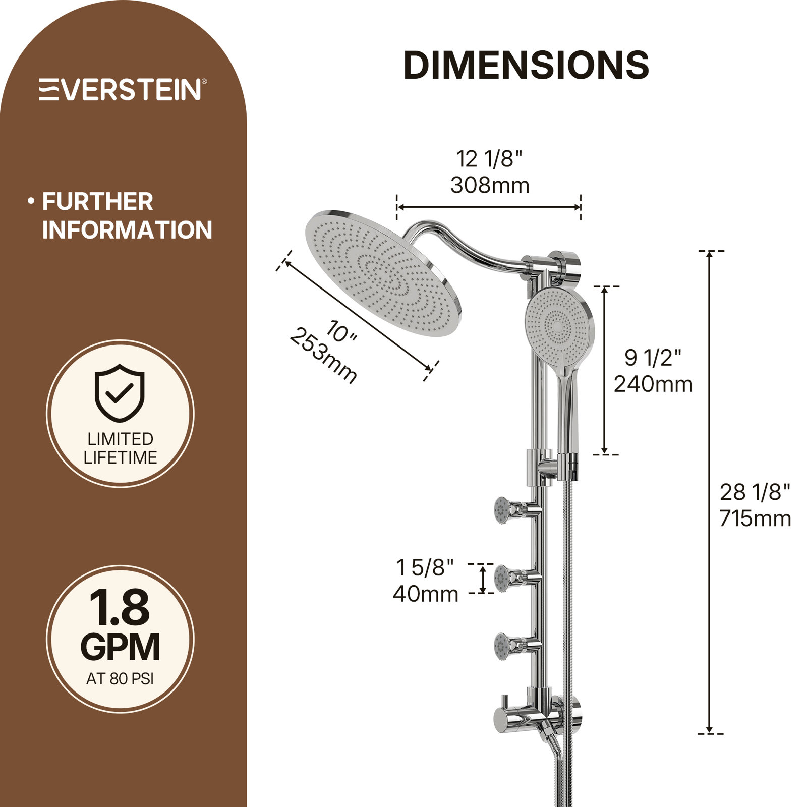 10" Rainfall Shower System with Body Jets, Chrome