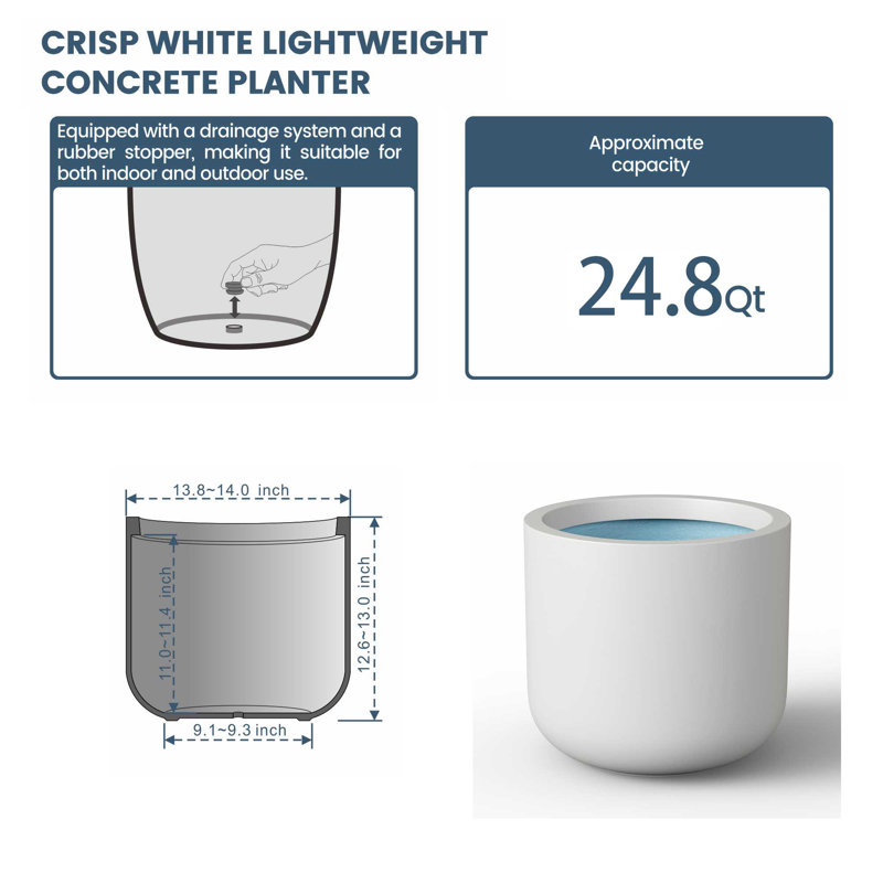 Grand pot / pot rond en béton avec trous de drainage, H 12,6 po x l 13,78 po x P 13,78 po, Blanc vif (intérieur amélioré)