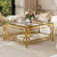 Table basse carrée en verre avec cadre luxueux en métal géométrique, finition dorée et tablette inférieure pour des espaces de vie élégants-1265180508