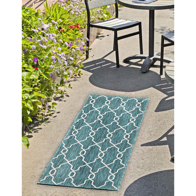 Tapis intérieur / extérieur bleu sarcelle Joniell, Tapis de couloir 2 pi x 6 pi 1 po