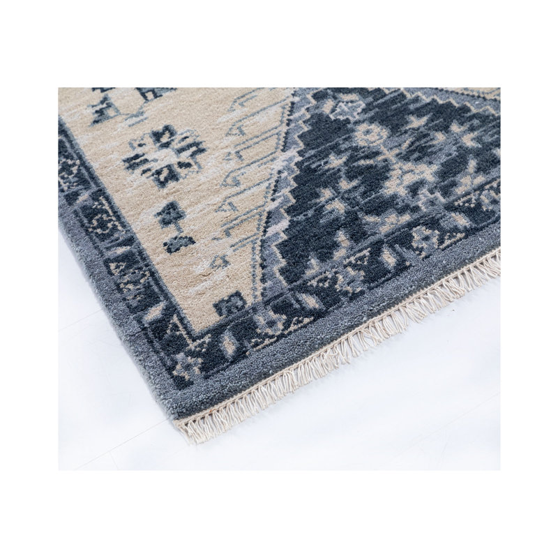 Tapis en laine noué à la main bleu / crème, Tapis de couloir 2 pi 6 po x 12 pi