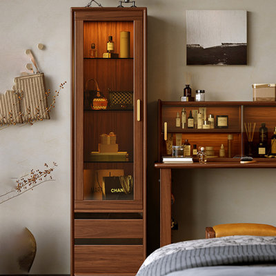 Vitrine 19,69 po de style Mid-Century en bois de noyer brun avec porte vitrée en verre massif avec éclairage à DEL intégré pour le salon