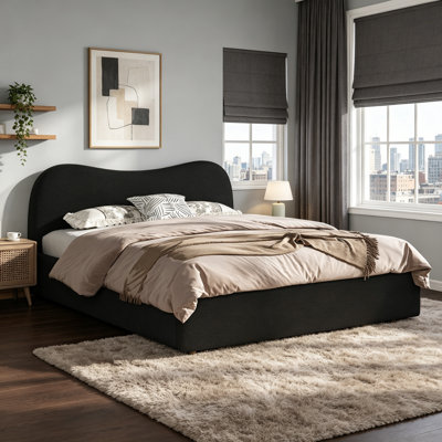Queen Size Upholstered Platform Bed With Wooden Slats, Minimalist Design And Sturdy Support