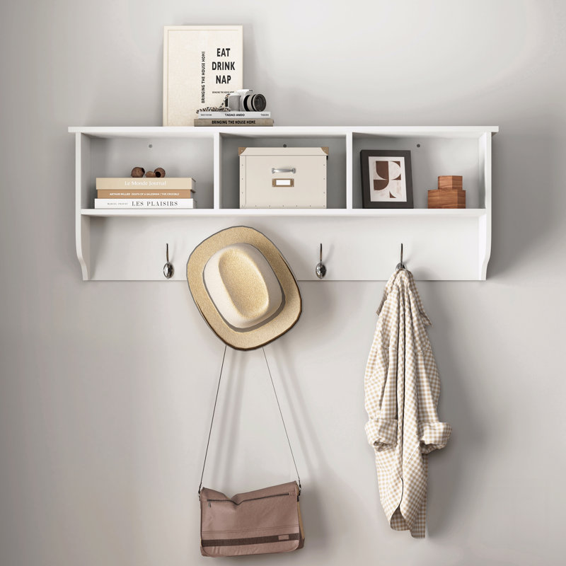 Entryway Wall Mounted Coat Rack With 4 Dual Hooks Living Room Wooden Storage Shelf, White