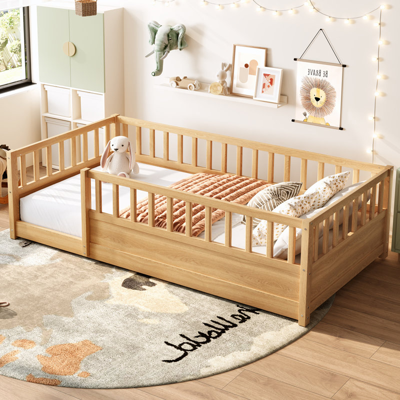 Twin Size Montessori Floor Bed With Extra-High Safety Guardrails, Natural, Twin