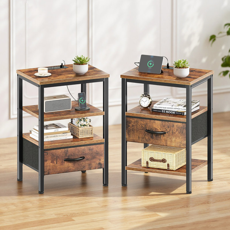 Table de chevet avec station de charge et ports USB Iysiss, table de bout avec tiroir en tissu, tablette, table d'appoint pour salon, chambre à coucher