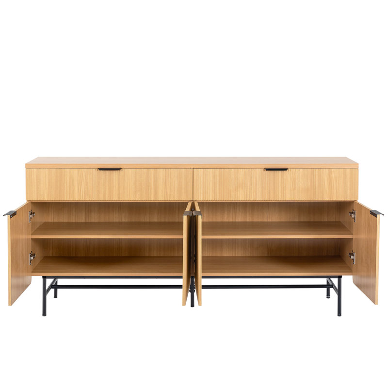 Meuble télé 69 po avec rangement, console multimédia moderne avec 2 tiroirs et 4 portes pour le salon, Chêne