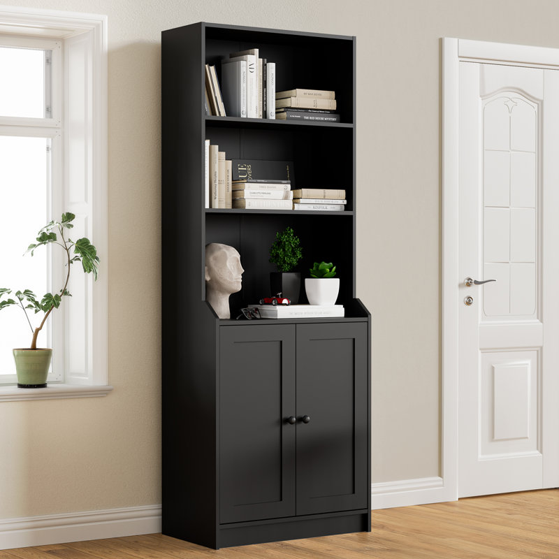 Damilja 27.5" W x 75.5" H Standard Bookcase 3 Shelf with Two Doors, Black