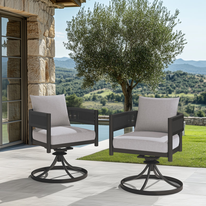 Fauteuil de salle à manger pivotant en osier Maine, Cadre noir et osier noir, Mélange de gris et de beige