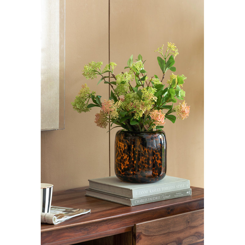 Brown And Amber Glass Vase With Cheetah Motif, Short, 7.9X7.9"